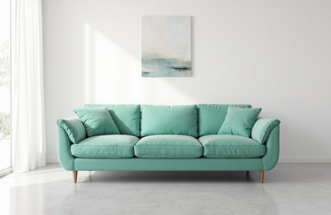 Living room featuring a plush mint green velvet sofa