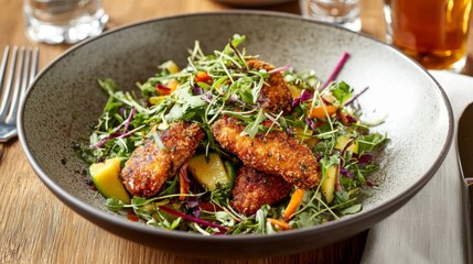 Fototapeta premium Crispy golden catfish salad plated with green mango, shallots, and a drizzle of zesty dressing. 