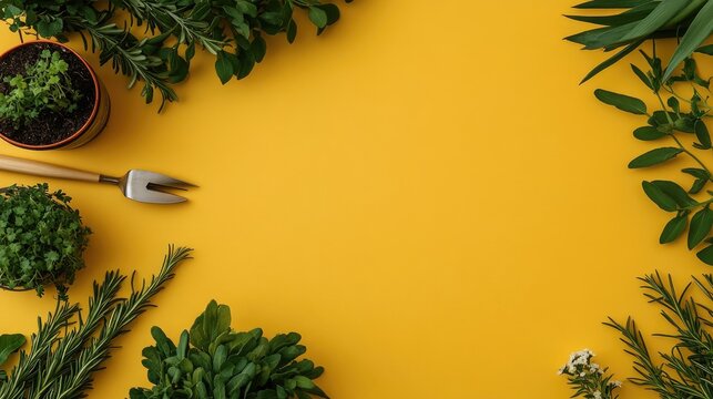 Gardening tools and healthy seedlings are beautifully arranged on a yellow background, inviting creativity for text or design