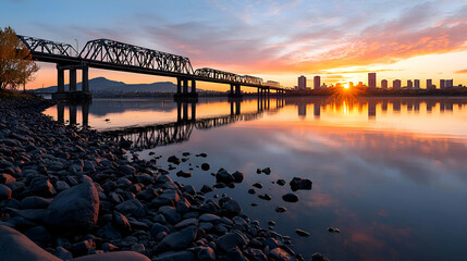 Sunrise Over City Bridge and River