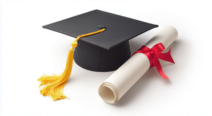 Black Graduation Cap with Golden Tassel Beside Rolled-Up Diploma on White Background
