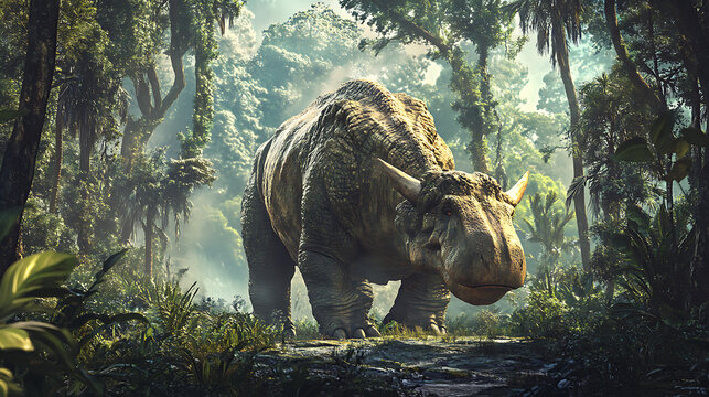 A realistic animation of a towering Paraceratherium, the largest land mammal ever, peacefully grazing in a primeval forest with a backdrop of ancient vegetation 