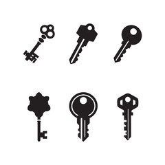 Set of Key Icons in Black Silhouette, Security and Access Symbols, Vintage and Modern Key Designs,
 Lock and Safety Concept, Digital and Physical Key Illustrations, Vector Isolated on White