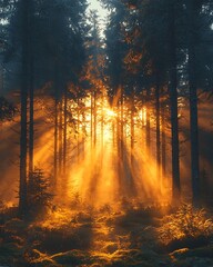 Obraz premium Golden sunlight streaming through lush forest high resolution picture