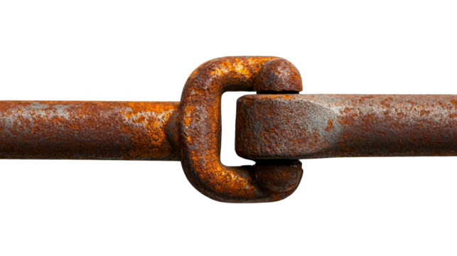 Intricate knot in a heavy, rusty chain, closeup study of strength and decay closeup