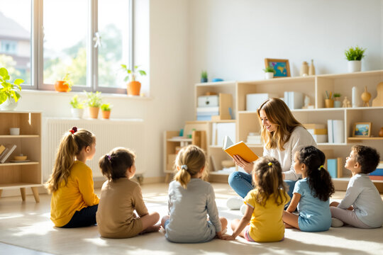 A teacher reads aloud to a group of children who are sitting in a circle, fully engaged and gazing at the book