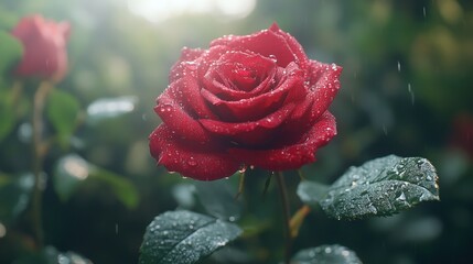 Velvety crimson rose bathed in glistening dewdrops; petals quiver softly, highlighting nature's delicate artistry
