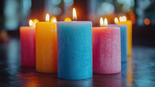 Colorful candles burning on a table - Powered by Adobe