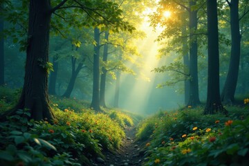 Clean lines, geometric shapes overlay lush forest scene , background, forest, emerald