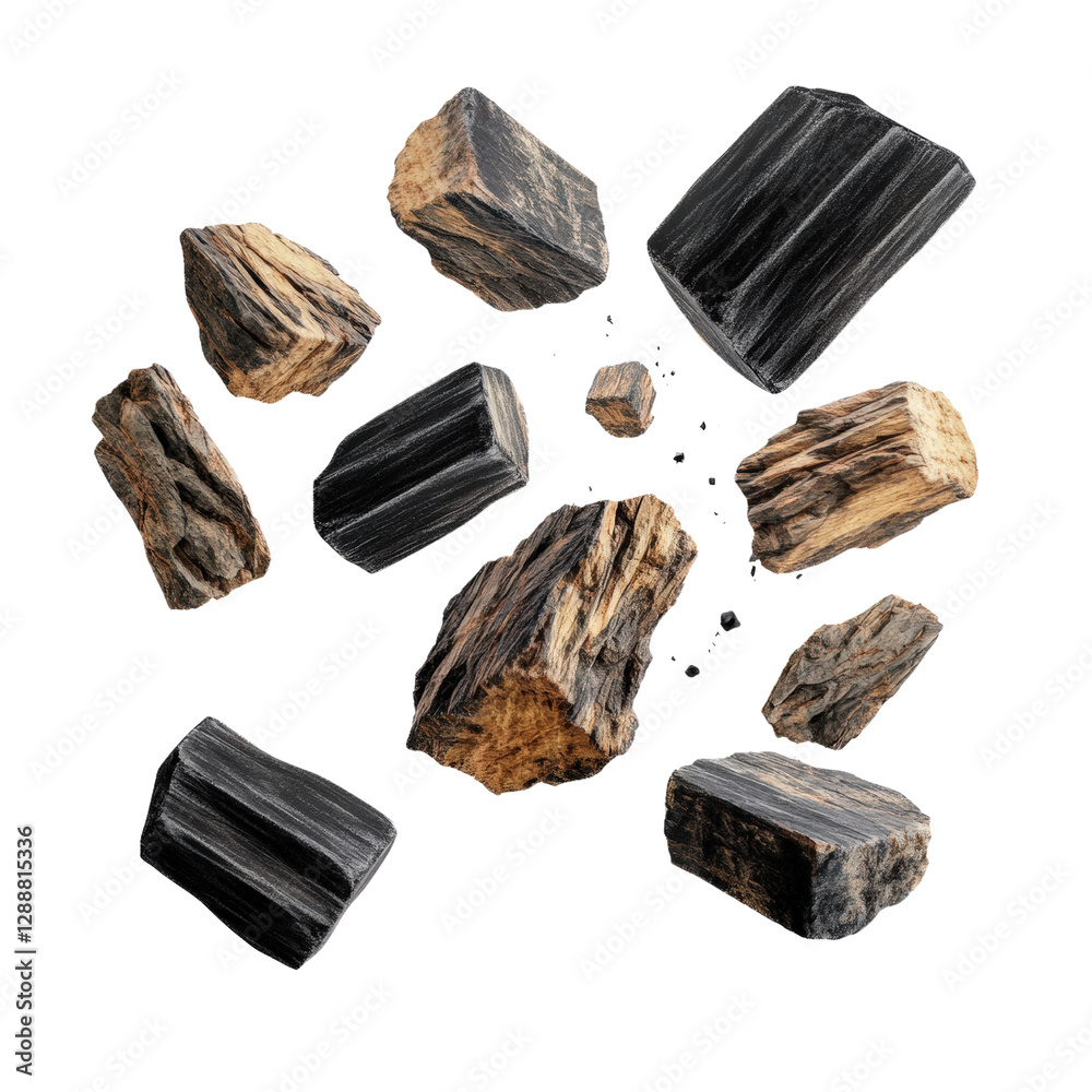 Poster group of various rocks displayed on a black background showcasing natural textures and colors isolat