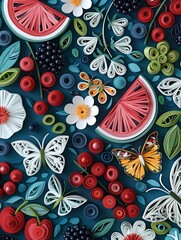 a pattern of fruits, watermelon, cherries, blackberries in beautiful teal, fuchsia and emerald overlayed with white butterflies.