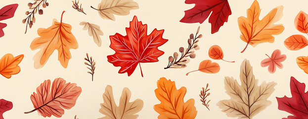 Fototapeta premium Watercolor Autumn Fall Leaves Seamless Pattern Foliage Thanksgiving Background Banner