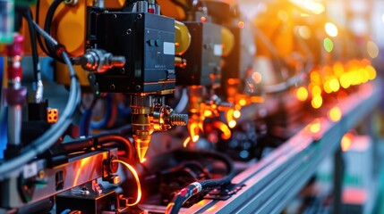 Fototapeta premium A row of automated machines in a modern, high-tech manufacturing facility, highlighting industrial innovation and efficiency.