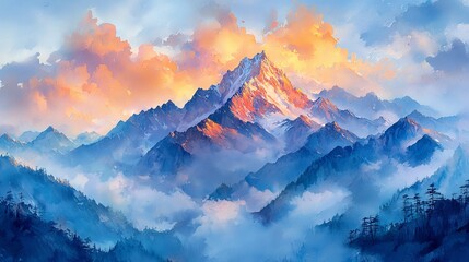 Obraz premium Majestic Mountain Landscape with Cloudy Skies and Vibrant Sunset Colors