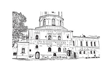 Print Building view with landmark of Chernihiv Ukraine city. Hand drawn sketch illustration in vector.