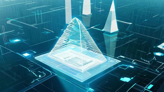 A digital pyramid structure surrounded by glowing lines and skyscrapers, representing a high-tech, data-driven urban landscape.
