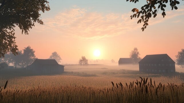 Rural serenity, Barns in a foggy landscape at dawn evoking nostalgia