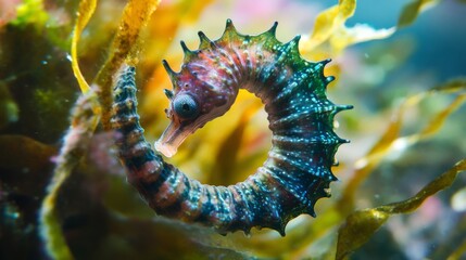 A beautiful seahorse gracefully twisting amongst vibrant seaweed. The intricate details of the seahorse capture the enchanting underwater world. Generative AI.