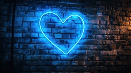 A neon blue heart glowing on a brick wall at night