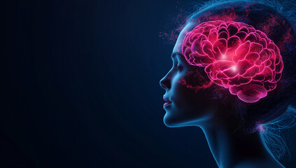 3D render of woman head with glowing brain, showcasing vibrant neural connections and dark background. image evokes sense of wonder and exploration of mind