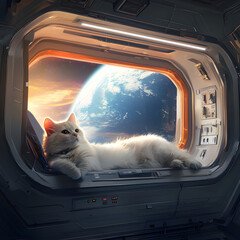 White cat relaxing in a futuristic spacecraft window with Earth in view at sunset