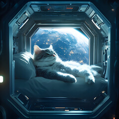 Cat lounging in a cozy space pod overlooking Earth during a peaceful moment in orbit