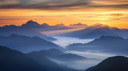 A dreamy sunrise above towering mountains, as layers of misty clouds weave between the peaks, glowing softly under the golden light.