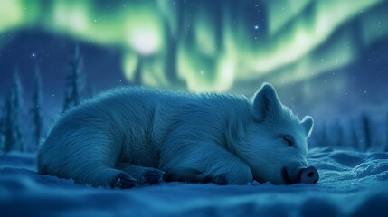 Dreamy Winter Night: Sleeping Piglet Under the Aurora Borealis in Snow