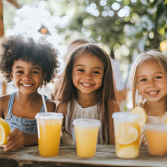 Three cheerful girls enjoy refreshing drinks at a sunny outdoor gathering in the afternoon