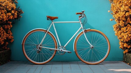 Fototapeta premium Retro bike by teal wall with yellow flowers