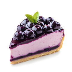Blueberry cheesecake slice with fresh berries and mint garnish on a clean white plate