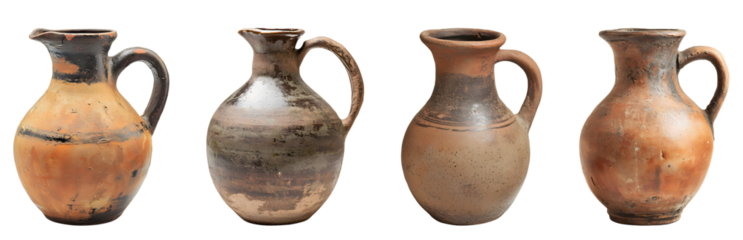 Terracotta clay jug with a handle isolated on transparent background.