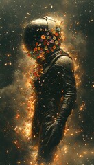 Fototapeta premium Astronaut engulfed in flames and flowers, cosmic background, art, website banner.