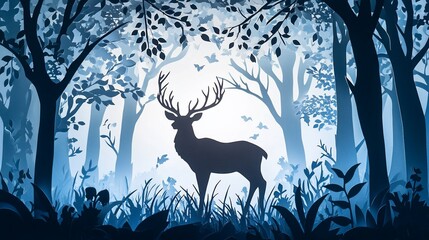 Elegant Deer Silhouette Amidst a Serene Blue Papercut Forest Scene