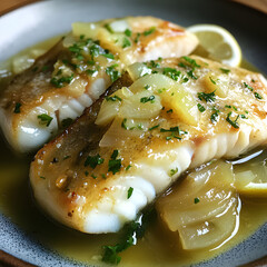 Freshly grilled white fish with lemon sauce and herbs served in a rustic bowl at a cozy seaside restaurant
