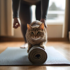 Cat plays on yoga mat while owner prepares for morning workout in cozy home setting
