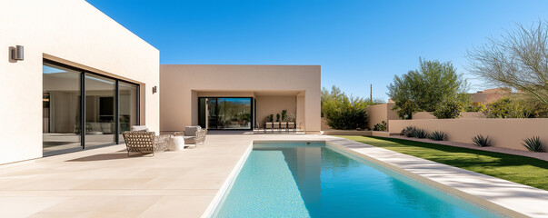 Fototapeta premium modern house in Arizona desert featuring sleek pool, spacious patio, and minimalist design. serene environment and clear blue sky create tranquil atmosphere