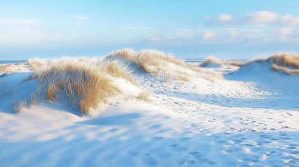 Peaceful beach dunes with dry grass under a soft blue sky at daytime