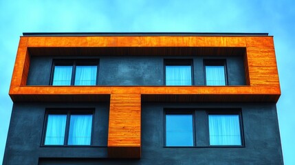 Fototapeta premium Modern apartment building facade with orange wooden accents