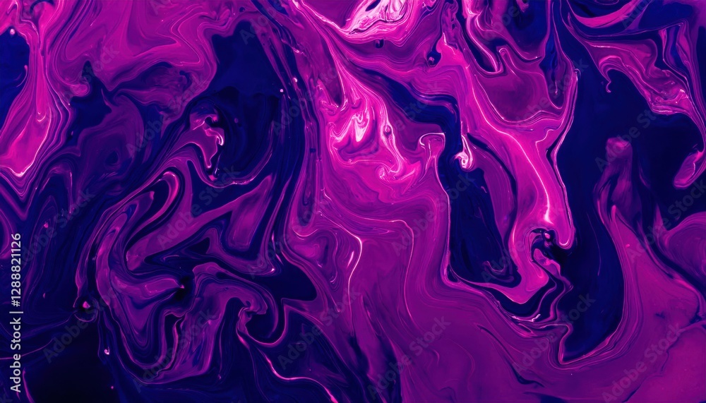 Poster abstract purple fluid art with swirling patterns, vibrant neon paint mixed in a dynamic composition 