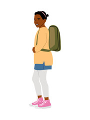 Black Kid girl walking to school with backpack side view. African american Child vector illustration isolated