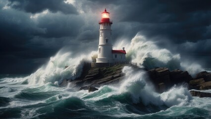 A towering wave crashes against a solitary