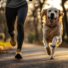 Golden retriever happily runs alongside a jogger during sunset in a serene park setting