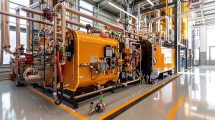 Modern industrial gas boiler room with heating gas boilers, pipelines, and valves, industrial, gas boiler, heating, room