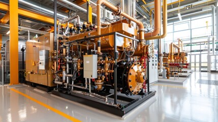 Modern industrial gas boiler room with heating gas boilers, pipelines, and valves, industrial, gas boiler, heating, room