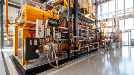 Fototapeta premium Modern industrial gas boiler room with heating gas boilers, pipelines, and valves, industrial, gas boiler, heating, room