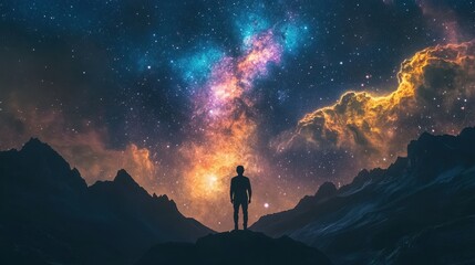 Fototapeta premium A silhouette of a wanderer stands in awe beneath an interstellar sky, with galaxies and cosmic light illuminating the mountain range.