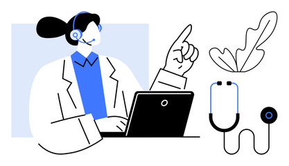 Healthcare professional in a lab coat, headset, using a laptop, pointing. Includes stethoscope, leaf, blue highlights. Ideal for telehealth, remote diagnostics medical consultation healthcare
