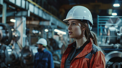 Female industrial engineer wearing a white helmet while standing in a heavy industrial factory behind she talking with workers, Various metal parts of the project.
