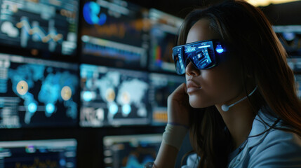 Female IT specialist monitoring cyber threats on multiple screens, using augmented reality glasses, highlighting advanced cybersecurity.